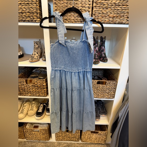 ODDY Dresses & Skirts - ODDY Light Blue Smocked Tie-Shoulder Denim Dress